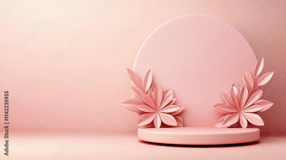 Minimalist pink pedestal with matte finish and floral decorations, perfect for product display and mockup. Minimalist pink pedestal with matte finish and floral decorations, perfect for product display and mockup.