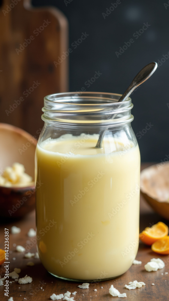A jar filled with creamy yellow liquid, resembling beef tallow or a similar product, with a spoon inside on a rustic wooden table.
