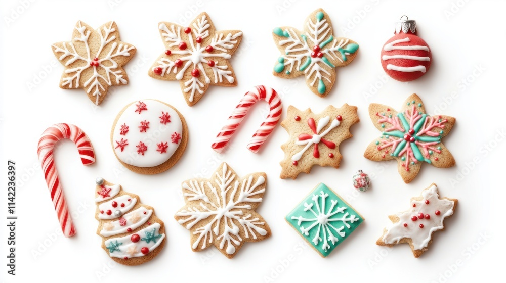 A set of Christmas cookies shaped as snowflakes, candy canes, and ornaments with colorful frosting and sugar decor, isolated on white A set of Christmas cookies shaped as snowflakes, candy canes, and ornaments with colorful frosting and sugar decor, isolated on white
