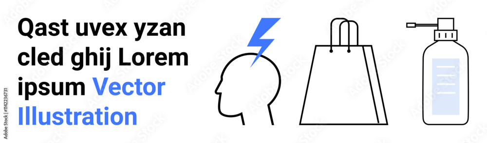 Head outline with lightning bolt, a shopping bag, and a disinfectant bottle. Ideal for innovation, mental health, retail, hygiene, consumer behavior safety measures and wellness themes. Landing Head outline with lightning bolt, a shopping bag, and a disinfectant bottle. Ideal for innovation, mental health, retail, hygiene, consumer behavior safety measures and wellness themes. Landing
