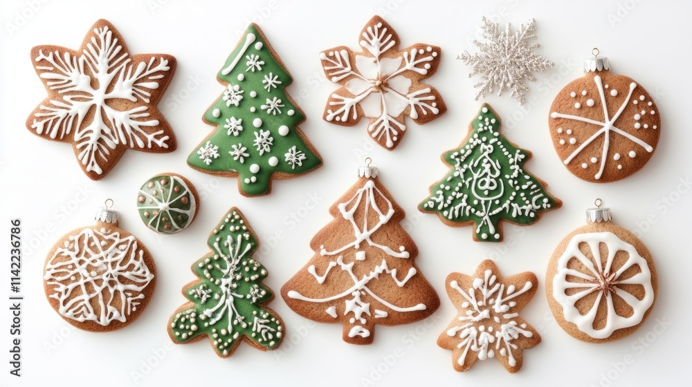 A set of intricately decorated cookies in shapes like Christmas trees, ornaments, and snowflakes, perfect for the holiday season, isolated on white