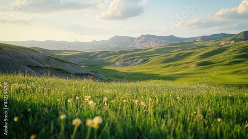 Vibrant green badlands landscape with flowering grass under a clear sky in springtime showcasing natural beauty and serene views.