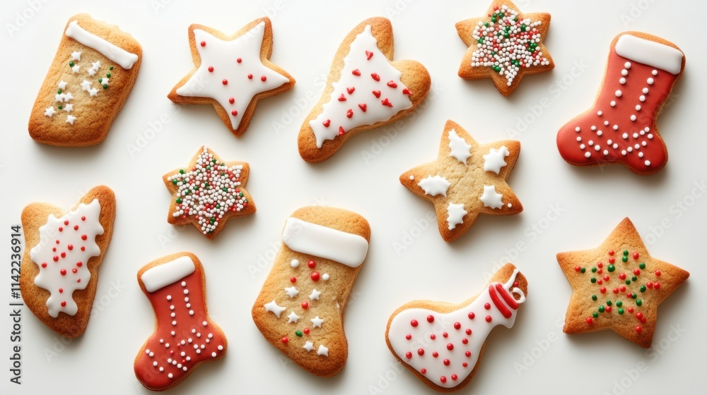 A variety of Christmas-themed cookies with icing and sprinkles in festive shapes like stars and stockings, on a white background A variety of Christmas-themed cookies with icing and sprinkles in festive shapes like stars and stockings, on a white background