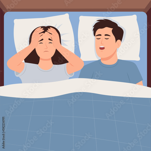 Woman suffers insomnia because of man snores loudly. Sleep apnea, snore health problem. Vector Illustration