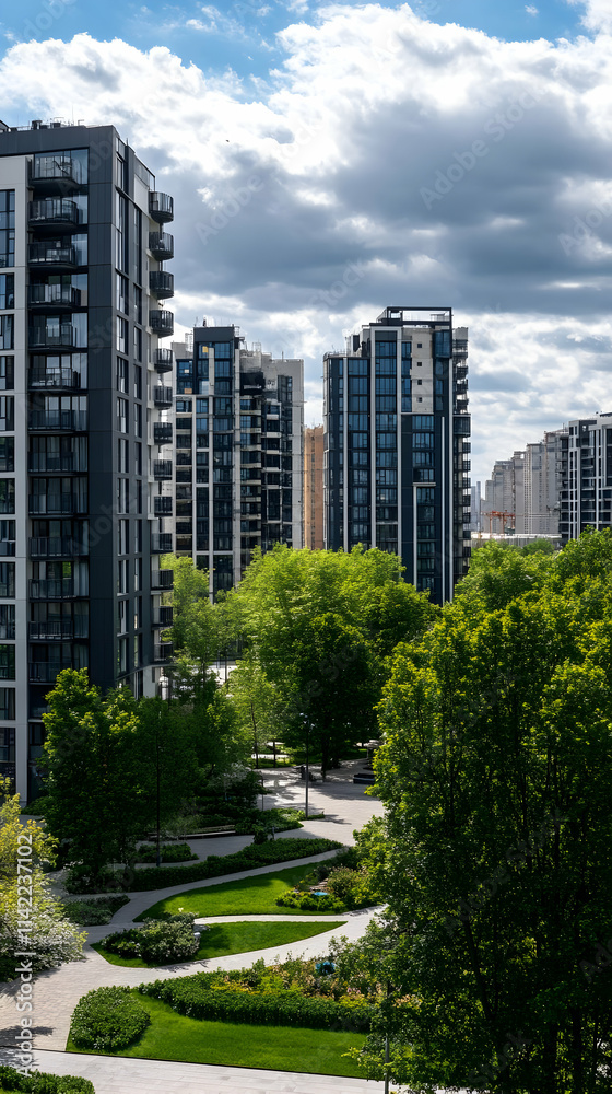 Modern residential buildings surrounded by greenery and pathways under a cloudy sky. Modern residential buildings surrounded by greenery and pathways under a cloudy sky.