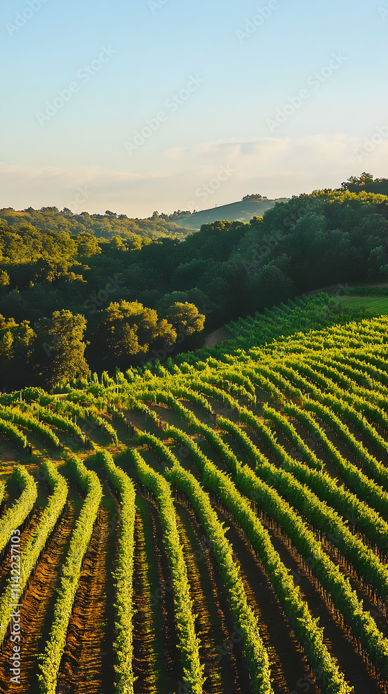 Fototapeta premium Lush vineyard landscape with rows of grapevines under a clear sky.