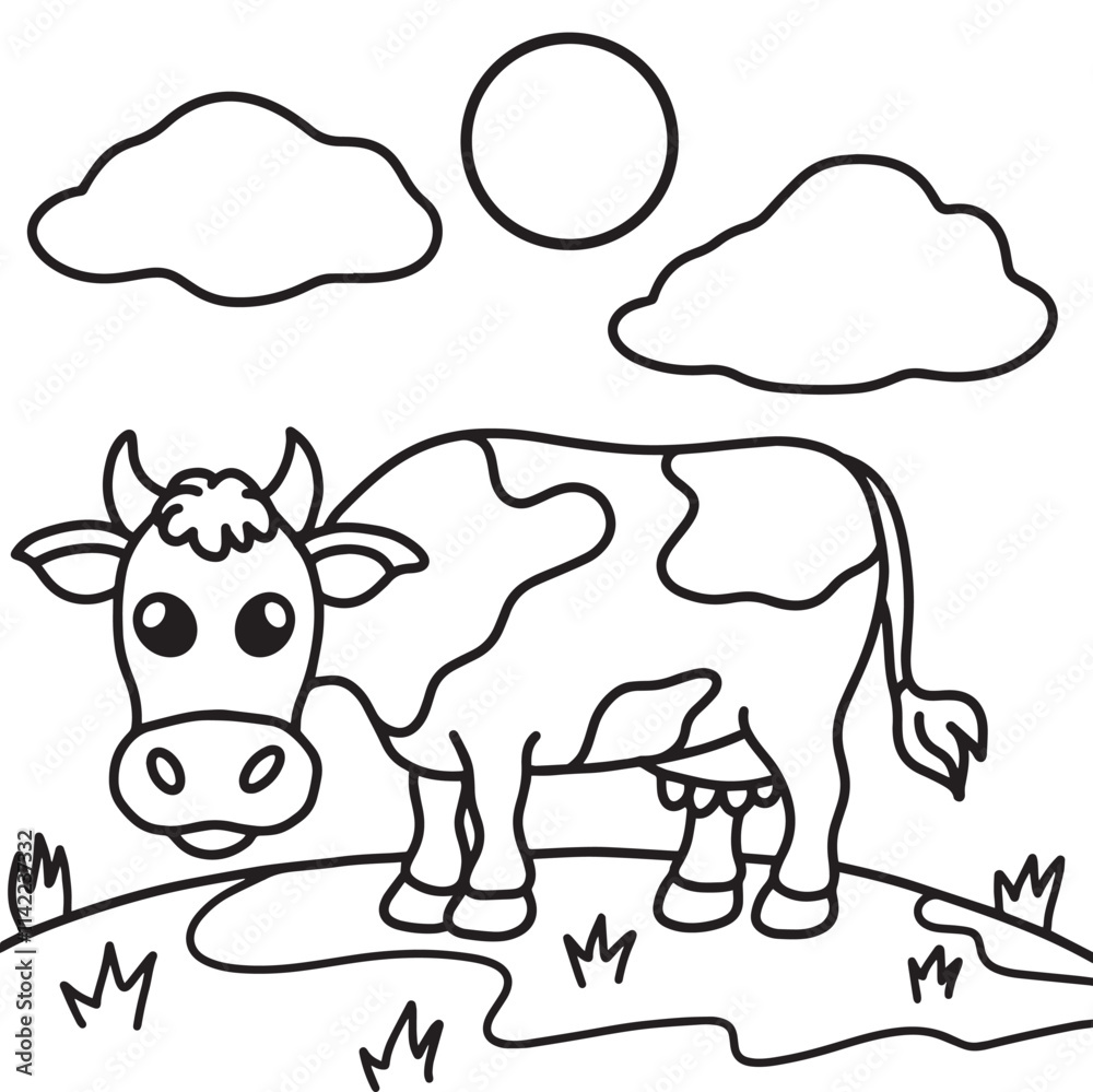 Obraz premium Outline cow image on grass design for children to color