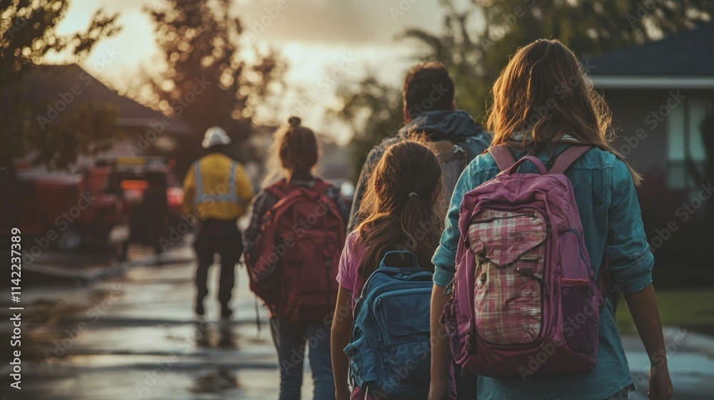 A family of four walking calmly with backpacks, evacuating their home due to a natural disaster, with emergency workers in the background.