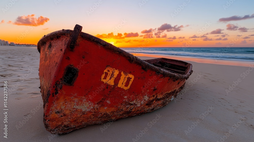 Rusty Boat at Sunset: A weathered red boat, emblazoned with the number Rusty Boat at Sunset: A weathered red boat, emblazoned with the number