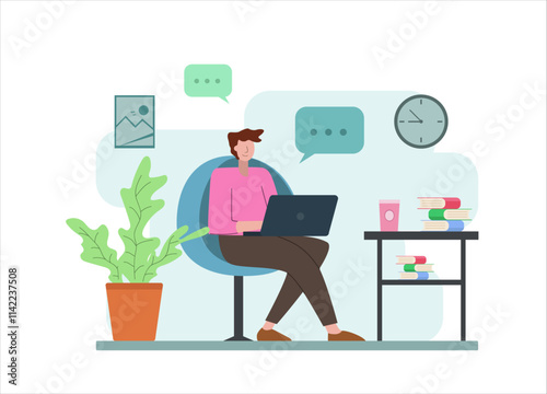 illustration of a person using a laptop while sitting working, studying or browsing the Internet