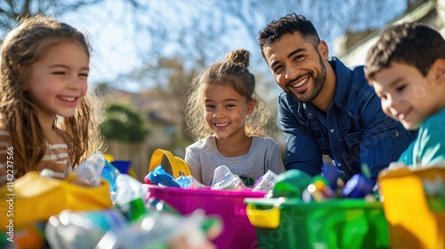 A family participating in a recycling workshop at an Earth Day fair.