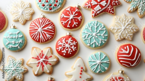 A vibrant collection of holiday cookies with intricate sugar details in festive shapes like snowflakes and ornaments, on white
