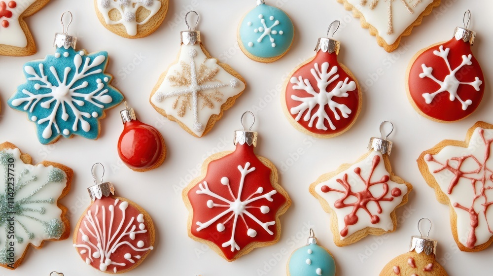 Obraz premium A vibrant collection of holiday cookies with intricate sugar details in festive shapes like snowflakes and ornaments, on white