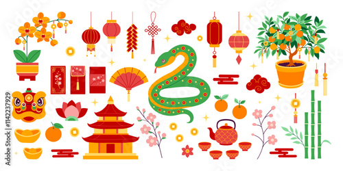 A colorful drawing of Chinese symbols and decorations. There are many different symbols, including a snake, a dragon, and a lot of flowers