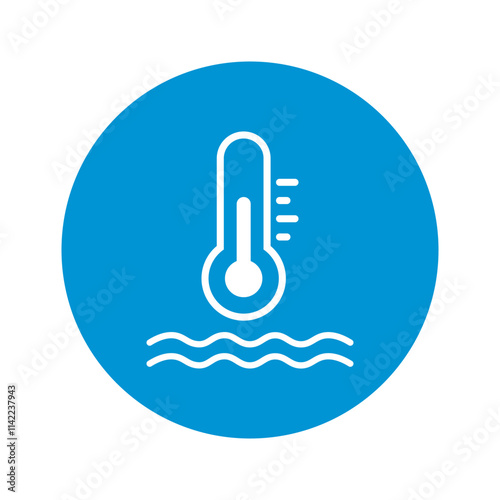 Vector Water Thermometer Flat Icon in Solid Circle on White Background. Water Temperature Indicator Sign for pool, sea water, temp conditioner system.