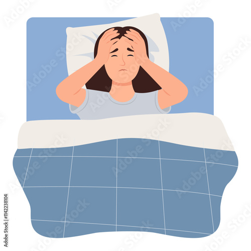 Unhappy sleepless woman suffering of Insomnia due to snore, loud noise in room or annoying thoughts in mind. Woman Lying in Bed Holding Head with Hands. Vector Illustration