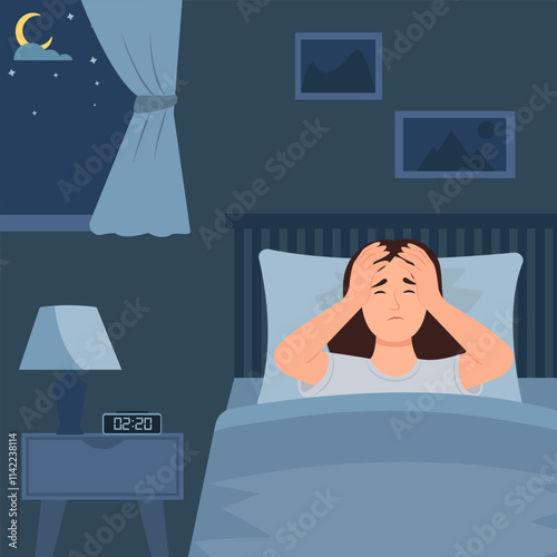 Sleepless man suffering from insomnia.Man try to sleep under blanket. Flat style vector illustration.