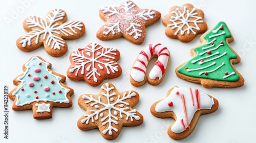 A vibrant set of holiday cookies shaped like snowflakes, candy canes, and Christmas trees, with intricate sugar decor, isolated on white