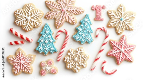 A vibrant set of holiday cookies shaped like snowflakes, candy canes, and Christmas trees, with intricate sugar decor, isolated on white