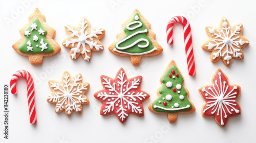A vibrant set of holiday cookies shaped like snowflakes, candy canes, and Christmas trees, with intricate sugar decor, isolated on white