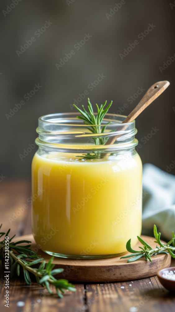 A jar filled with yellow beef tallow infused with herbs on a wooden surface. A jar filled with yellow beef tallow infused with herbs on a wooden surface.