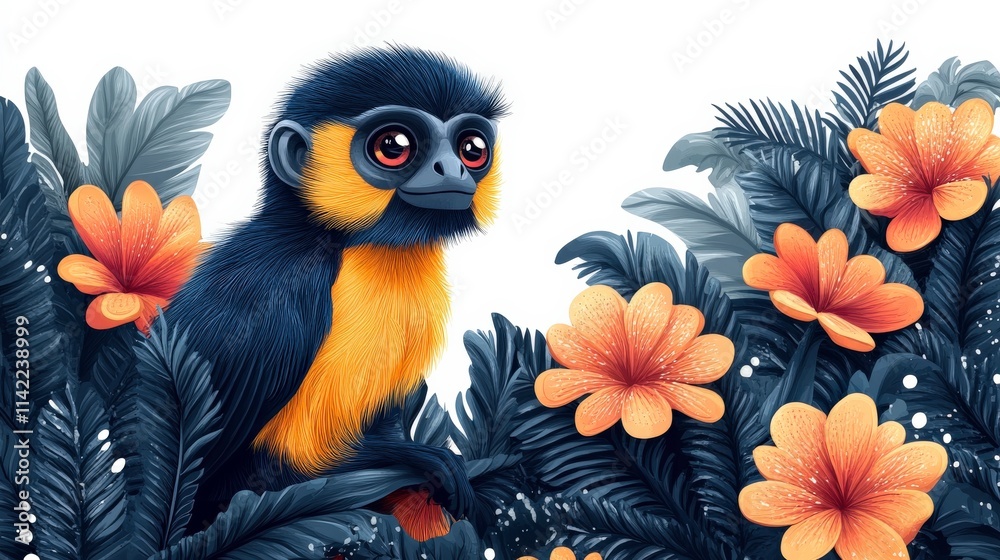 Colorful Monkey Surrounded by Tropical Flowers and Lush Greenery, Charming Wildlife Illustration with a Playful Vibe and Vibrant Plant Life, Perfect for Nature Lovers Colorful Monkey Surrounded by Tropical Flowers and Lush Greenery, Charming Wildlife Illustration with a Playful Vibe and Vibrant Plant Life, Perfect for Nature Lovers