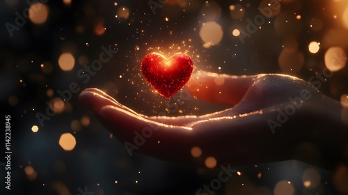 Red Heart Sparkling in Hand Surrounded by Glowing Light and Bokeh, Symbolizing Love, Affection, and Emotional Connection in Soft Focus Background