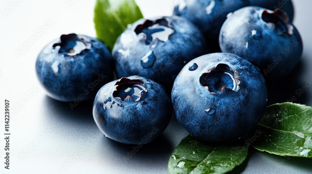 Macro shot of fresh blueberries covered in dewdrops with accompanying green leaves, emphasizing natural textures and the freshness of the fruit in a striking close-up. Macro shot of fresh blueberries covered in dewdrops with accompanying green leaves, emphasizing natural textures and the freshness of the fruit in a striking close-up.