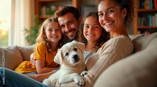 Portrait  of a smiling cheerful family sits together on a sofa with a cute white dog puppy on mother's lap at the living room at home. Light blurry background, creating serene, warm, cozy atmosphere.