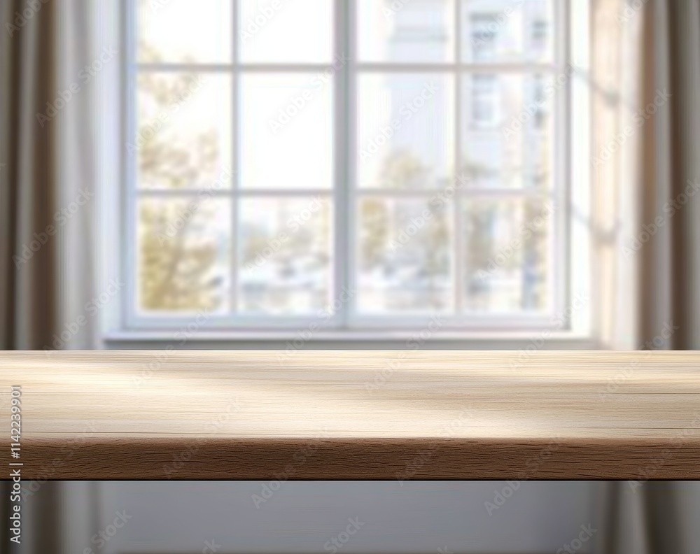 Fototapeta premium Empty wooden table against bright window with city view.