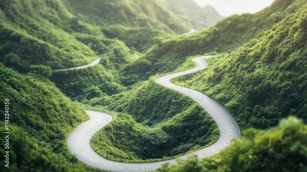 A dynamic, curvy road on a green mountain slope, meandering gracefully through nature, perfect for adventure, on white A dynamic, curvy road on a green mountain slope, meandering gracefully through nature, perfect for adventure, on white