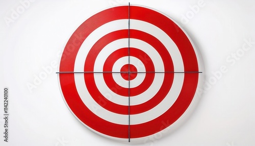 Red and white concentric circle target pattern on a flat white wall, symbolizing precision, accuracy, goals, focus, competition, success, and achievement, perfect for business, sports, or marketing 