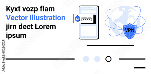 Mobile phone displaying a secure login, connected to a globe with VPN shield icon. Ideal for cybersecurity, privacy protection, network security, mobile security, data encryption, online safety