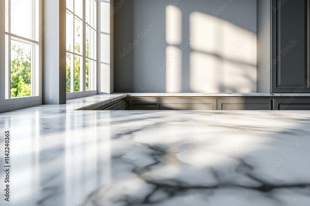 Fototapeta premium Sunlit marble countertop near window, shows grey cabinets. Ideal for product displays or kitchen designs showcasing luxury and clean aesthetics.
