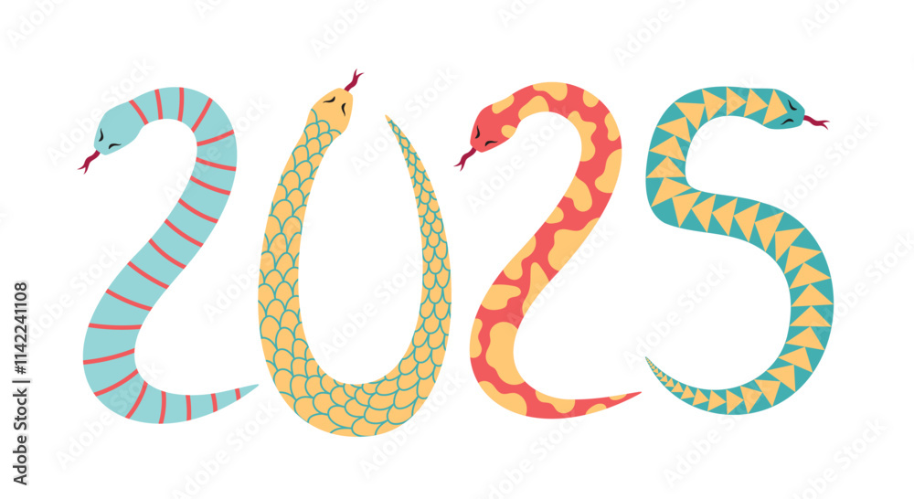 2025 year numbers from various wriggled colorful snakes. Chinese lunar new year symbol. Vector illustration on white background 2025 year numbers from various wriggled colorful snakes. Chinese lunar new year symbol. Vector illustration on white background