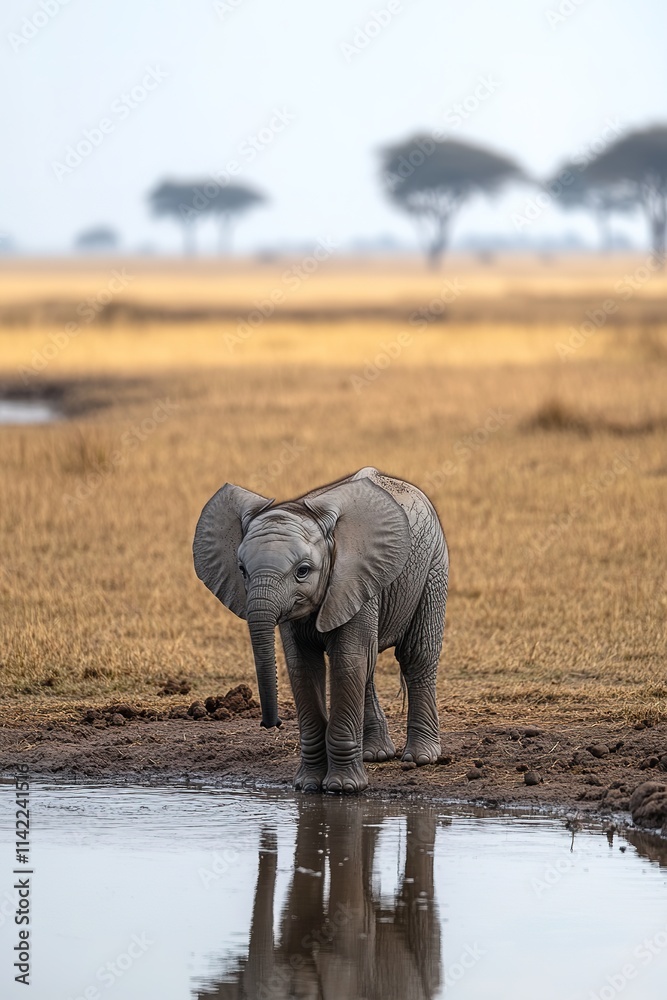 Fototapeta premium Baby elephant by water in savanna, trees back, wildlife scene