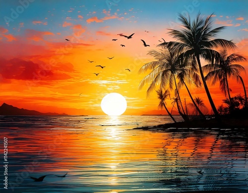 tropical sunset with silhouette of palms, birds and reflective ocean artwork watercolor design