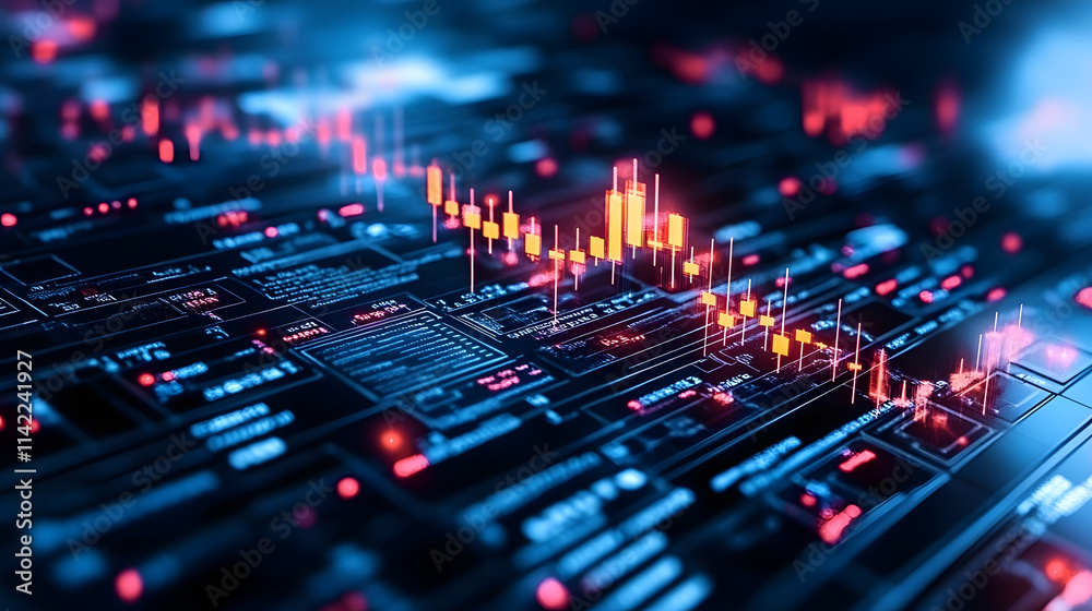 A vibrant, digital representation of data with glowing graphs and circuits, symbolizing technology and analytics in a futuristic setting