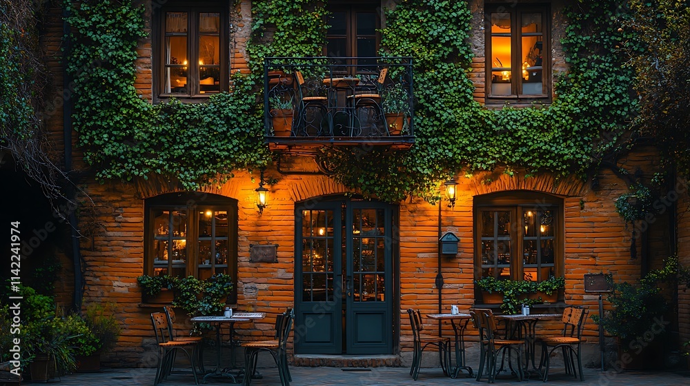 Fototapeta premium Ivy Covered Brick Building Evening Restaurant Scene