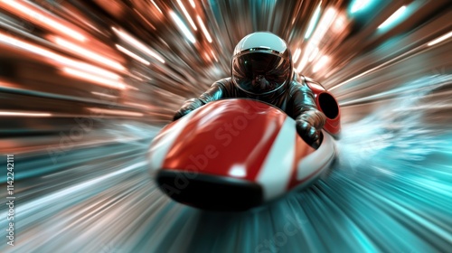 A futuristic racer in full gear pilots a sleek red vehicle through a dynamic light corridor, capturing a high-speed chase in a vibrant, technological setting.