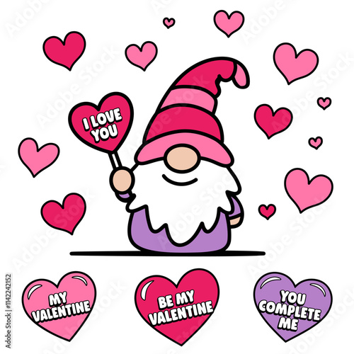 Cute gnome with valentine's heart surrounded by pink and red hearts, Valentine's Day greeting card, vector illustration