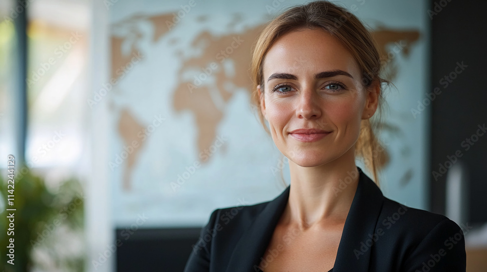 Confident professional woman stands in an office with a world map backdrop, showcasing modern workspace in natural light Confident professional woman stands in an office with a world map backdrop, showcasing modern workspace in natural light