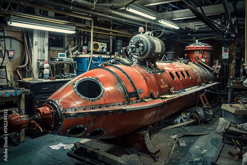 Beautiful large bathyscaphe floating in middle of ocean during exploration photo