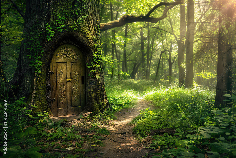 Fantastically door in wild forest leading to deep unknown Fantastically door in wild forest leading to deep unknown