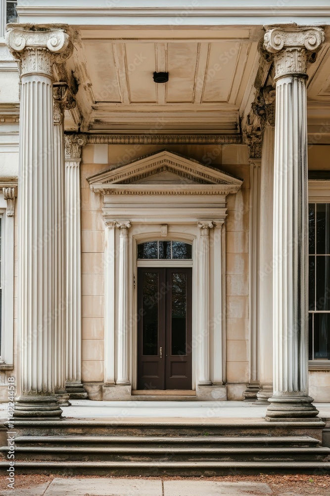Fototapeta premium Classical columns frame a grand entrance with steps.