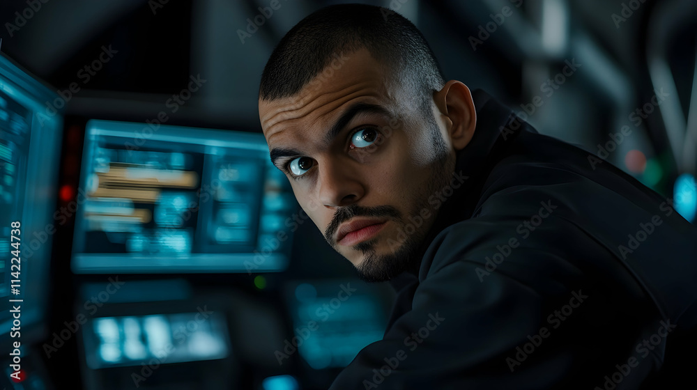 Focused male software developer working intently at a high-tech workstation in a modern office environment during late evening hours Focused male software developer working intently at a high-tech workstation in a modern office environment during late evening hours