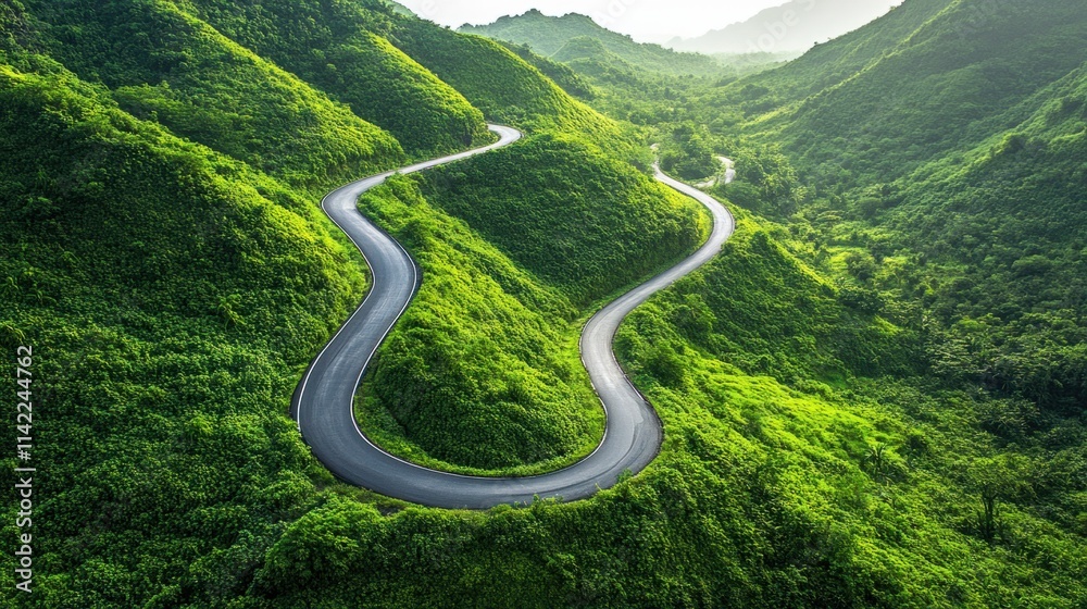 A winding road cutting through vibrant greenery on a mountainside, creating a serene natural scene, isolated on white A winding road cutting through vibrant greenery on a mountainside, creating a serene natural scene, isolated on white