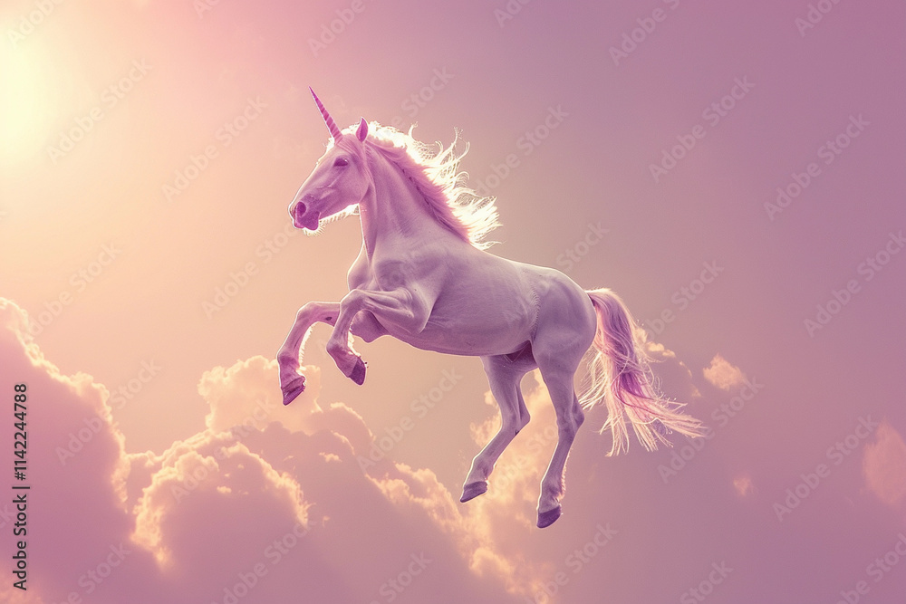 Fototapeta premium Fantastically mythological pink unicorn with big long horn