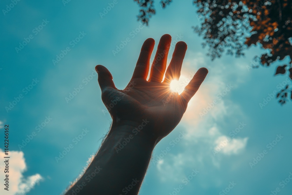 A male hand obscures the sun, allowing sunlight to pass through the gaps between his fingers. The scorching sun creates a textured background. A male hand obscures the sun, allowing sunlight to pass through the gaps between his fingers. The scorching sun creates a textured background.