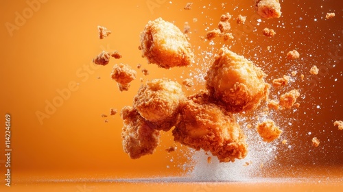 An artistic portrayal of chicken nuggets suspended in air with a burst of crumbs, set against a warm orange backdrop, emphasizing their appetizing, textured surface. photo